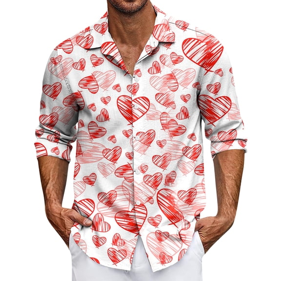 LNZGNM Valentines Day Shirts Men Lapel Love Print Button Down Shirts Fashion Long Sleeve T-Shirts Valentine's Day Plus Size Tops,Light pink L