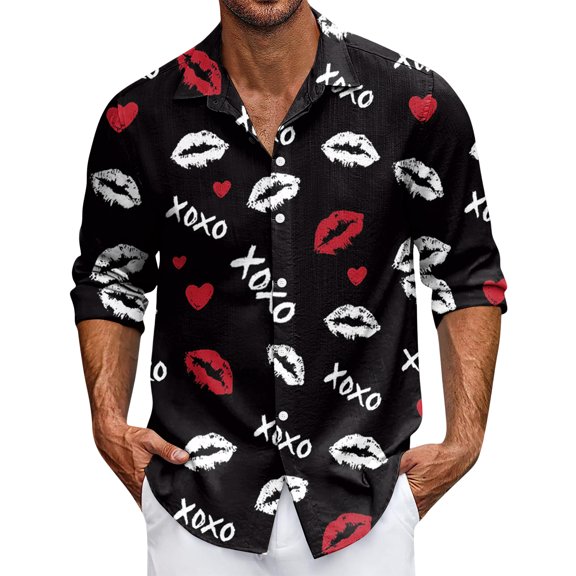 LNZGNM Valentines Graphic Shirts for Mens Lapel Love Print Button Down Shirts Fashion Long Sleeve T-Shirts Valentine's Day Plus Size Tops,Vermilion XL