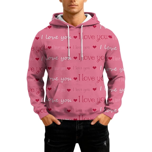 LNZGNM Valentines Hooded Sweatshirt for Men Cute Heart Print Sweatshirt with Pockets Big and Tall Long Sleeve Hoodies Pullover Fashion Winter Top,Red XL
