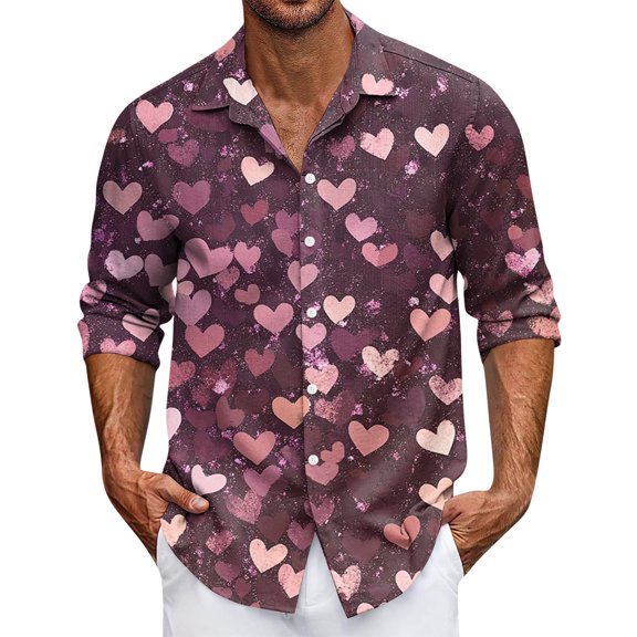 LNZGNM Valentines Shirts for Men Lapel Love Print Button Down Shirt Fashion Long Sleeve T-Shirt Vacation Plus Size Tops,Hot Pink XL