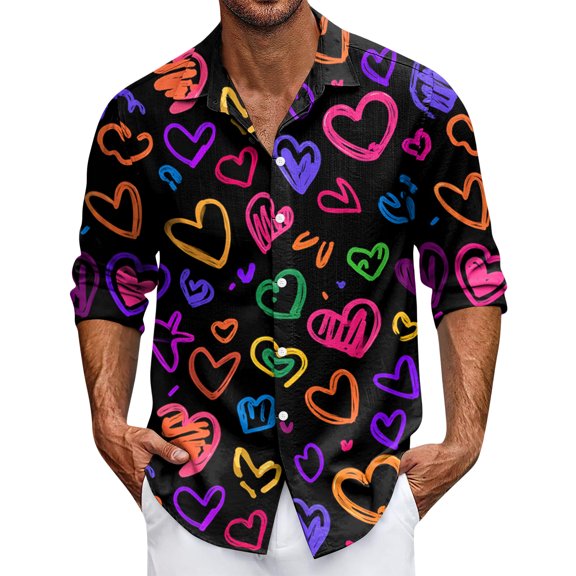 LNZGNM Valentines Shirts for Men Lapel Love Print Button Down Shirts Fashion Long Sleeve T-Shirts Vacation Big and Tall Top,Purple 2XL