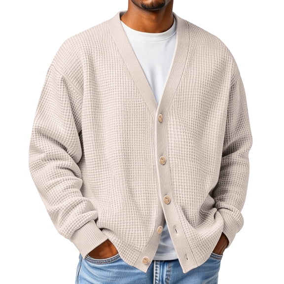 LNZGNM Waffle Cardigan Sweaters for Men V Neck Big and Tall Sweaters Button Front Lightweight Long Sleeve Cardigans Loose Casual Fall Outwear,Beige XL