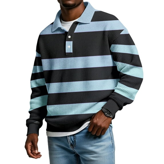 LNZGNM Waffle Shirts for Men Big and Tall Color Block Button Down Shirts Lightweight Lapel Long Sleeve Golf Shirts Loose Fit Fashion Workout Tees,Blue L