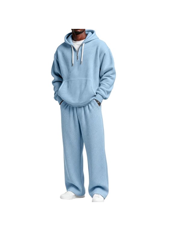 Waffle Tack Suits for Men Set 1/4 Zip Big and Tall Long Sleeve Hoodies with Pockets Wide Leg Pant Sets Lounge Winter Suits,Sky Blue 4XL