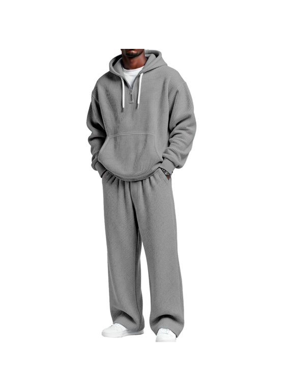 Waffle Tack Suits for Men Set Quarter Zip Big and Tall Long Sleeve Hoodies with Pockets Wide Leg Pant Sets Lounge Winter Outfits,Gray 4XL