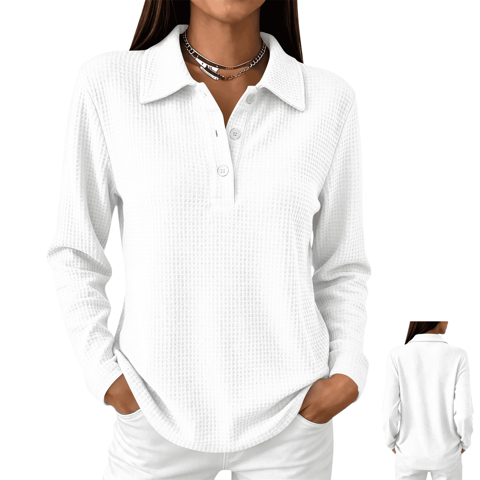 LNZGNM Waffle Textured Polos for Women Spread Collar Long Sleeve Solid ...