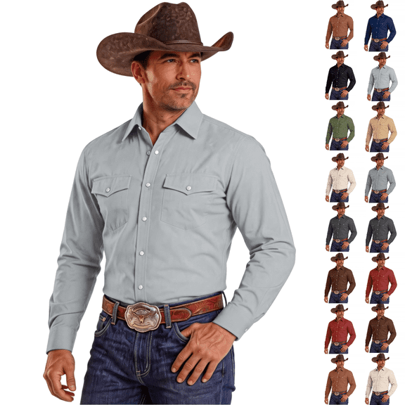 LNZGNM Western Shirts for Men Spread Collar Long Sleeve Curved Hem Easy Care Classic Fit Festive Clothes for Smart Casual, (XXXL)