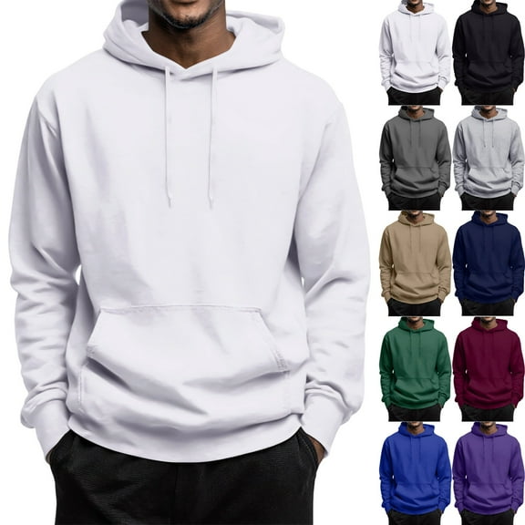 LNZGNM White Hoodie for Men Oversized Fall Winter Pullover Hoodie Lightweight Drawstring Long Sleeve Hooded Sweatshirts Casual Solid Color Thermal Cotton Hoodies with Pocket, White 2XL