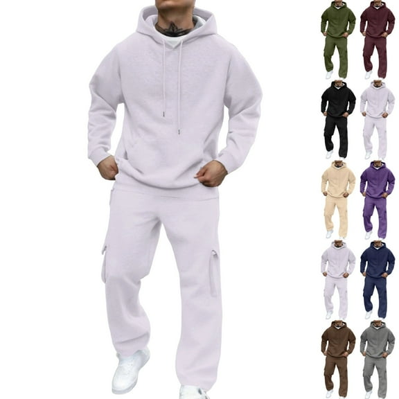 LNZGNM White Track Suits Mens Gym Sweat Suits Men Autumn Hoodie and Sweatpants Set Casual Sportswear Tracksuits with Pockets, White 2XL