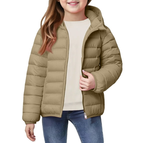LNZGNM Winter Coat for Toddler 8-9Y Down Cozy Packable Jackets Fashion Windproof Puffy Outerwear with Hood Zip Up Long Sleeve Clothes for School, Khaki, 8-9Y