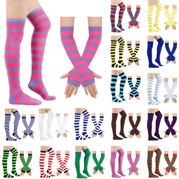 LNZGNM Women Over-the-Knee Socks & Gloves Set, Halloween Printed Knit Striped Pink Purple Soft Breathable Comfortable for Daily Wear,B(One Size)