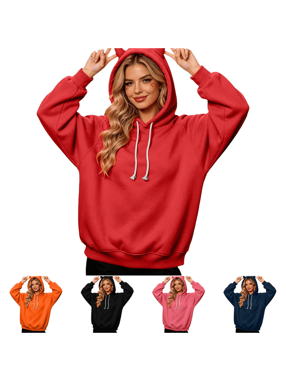 Women's Devil Horn Hoodie Halloween Loose Fit Long Sleeve Sweatshirt Casual Drawstring Hood Top with Pocket Festival Daily Wear,Red (S)