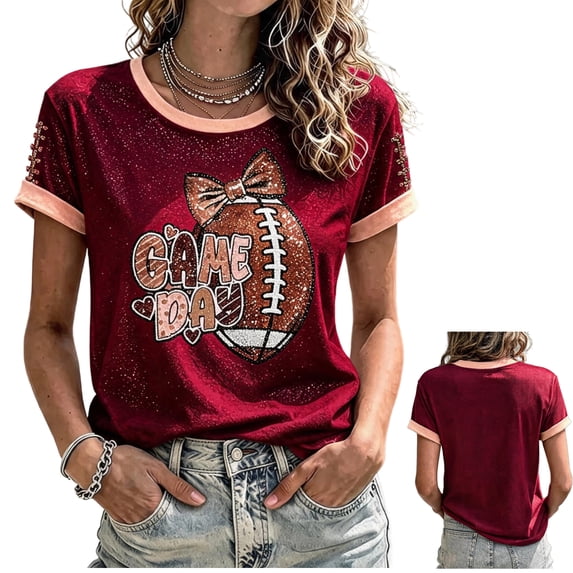 LNZGNM Women's Game Day Football Shirts Round Neck Short Sleeve Sequin T Shirts Football Bow Print Comfy Casual T Shirts,Deep Red (L)