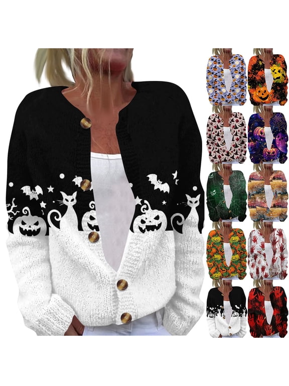 Women's Halloween Cardigan Relaxed Fit Jack‑o‑Lantern Bat Element Lightweight Everyday Wear,Orange (XXXL)