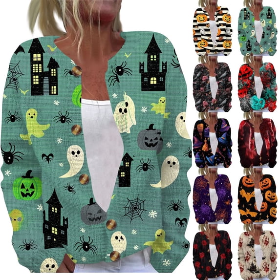 LNZGNM Women's Halloween Cardigan V‑Neck Jack‑o‑Lantern Pattern Ghost Graphic Soft Fabric Halloween Apparel,Orange (XXXXXL)