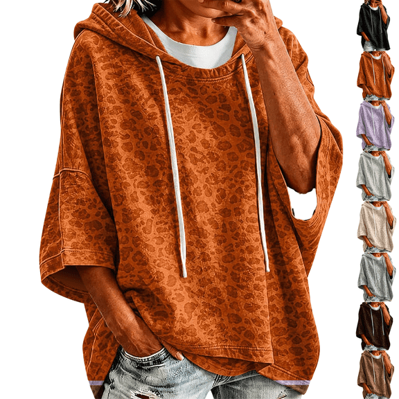 LNZGNM Women's Hooded Sweatshirt Short Sleeve Leopard Print for Casual and Festive Wear Comfortable Loose Fit