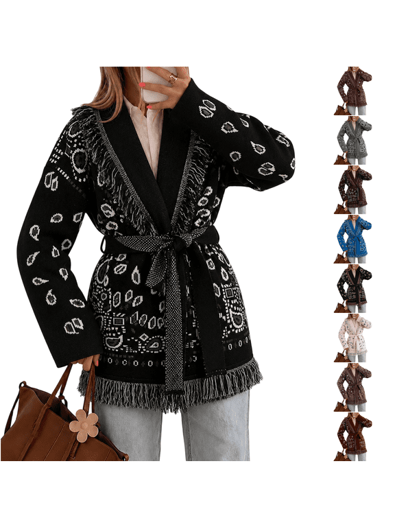 Women's Knit Cardigan Retro Bohemian Geometric Print V Neck Cardigans with Belt Fringe Trim Long Sleeve Open Front Outerwear,Black (L)