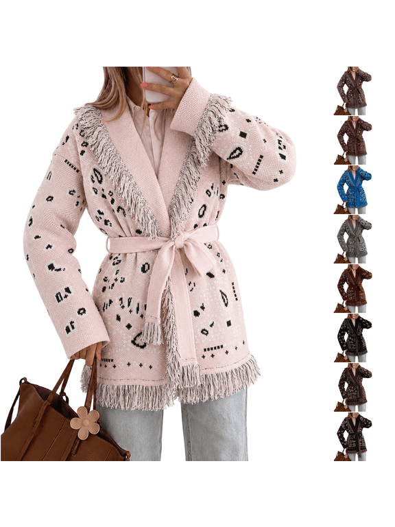 Women's Knit Cardigan Retro Bohemian Geometric Print V Neck Cardigans with Belt Fringe Trim Long Sleeve Open Front Outerwear,Pink (XL)