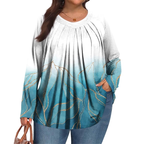 LNZGNM Women's Plus Size Tops Pleated Fall V Neck Shirts Floral Print T-Shirt Long Sleeve Tee Shirt Tops Dressy Casual Tunics Blouses Sky Blue XL