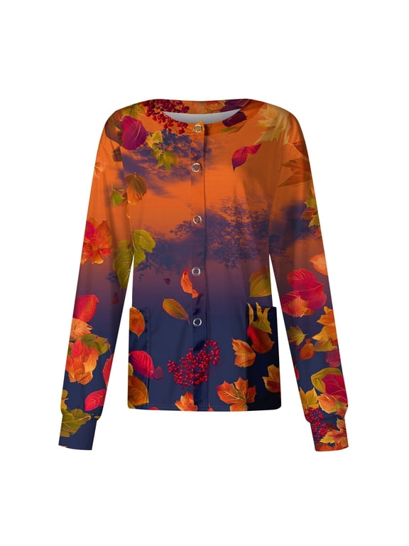 Women's Scrub Jacket Long Sleeve Button Front Leaf Floral Print Breathable Relaxed Printed Casual with Fabric and Pockets Work Uniform Comfort,Orange(S)