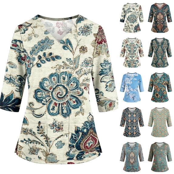 LNZGNM Women's Scrub Top Loose Fit V neck 3/4 Sleeve Casual Comfortable with Garden Floral Print Work Uniform with Pockets,Sky Blue(L)