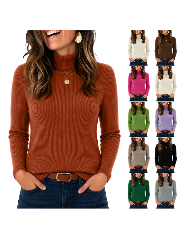 Women's Turtleneck Sweater Long Sleeve Slim Fit Shirts Trendy Ribbed Base Layer Pullover Stretchy Fall Winter Undershirts,Light Brown (M)