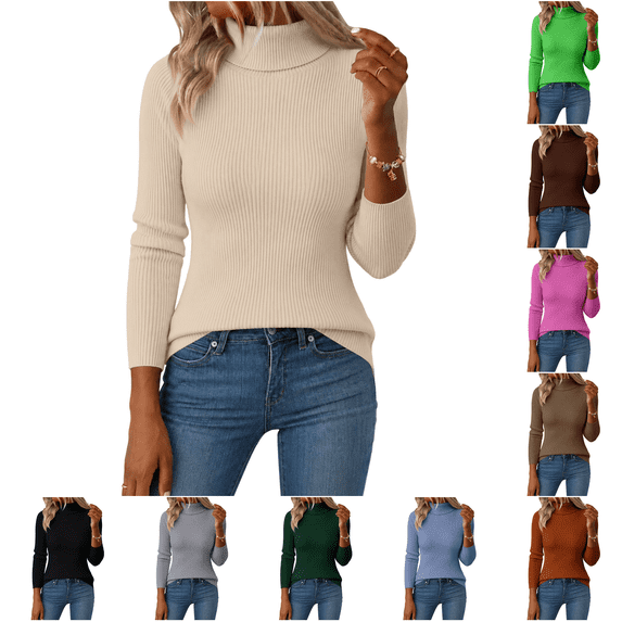 LNZGNM Women's Turtleneck Sweater Ribbed Knit Long Sleeve Pullover Top Slim Fit Stretchy Solid Color Sweaters for Fall Winter Office,Beige (L)