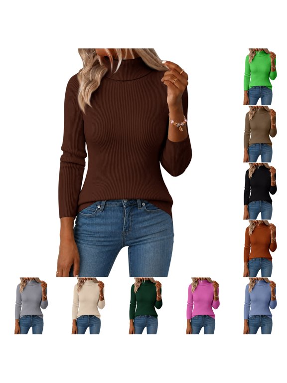Women's Turtleneck Sweater Ribbed Knit Long Sleeve Pullover Top Slim Fit Stretchy Solid Color Sweaters for Fall Winter Office,Coffee (L)