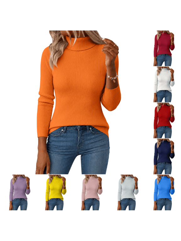 Women's Turtleneck Sweater Ribbed Knit Long Sleeve Pullover Top Slim Fit Stretchy Solid Color Sweaters for Fall Winter Office,Orange (M)