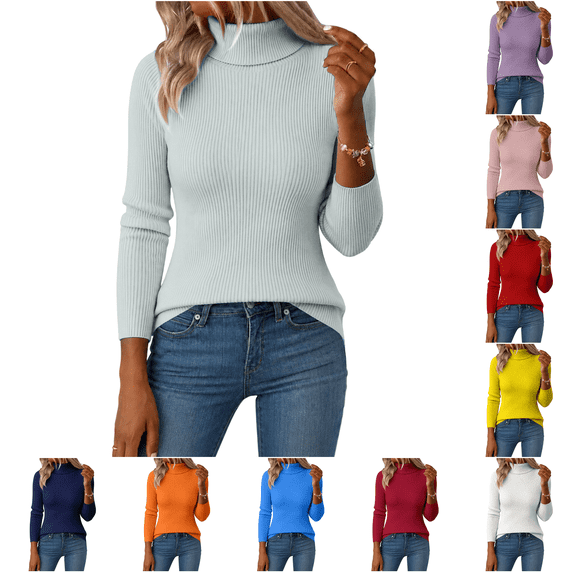 LNZGNM Women's Turtleneck Sweater Ribbed Knit Long Sleeve Pullover Top Slim Fit Stretchy Solid Color Sweaters for Fall Winter Office,Sky Blue (S)