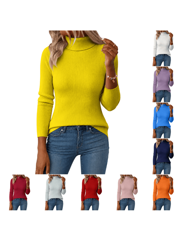 Women's Turtleneck Sweater Ribbed Knit Long Sleeve Pullover Top Slim Fit Stretchy Solid Color Sweaters for Fall Winter Office,Yellow (XL)