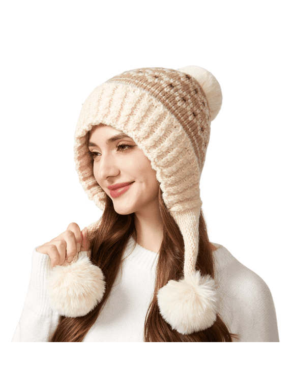 Womens Cable Knit Beanie Ear Flaps Soft Stretchy Warm Vintage Casual Comfortable for Cold Weather Calm Addition