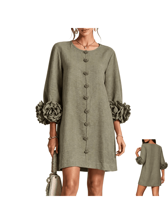 Womens Casual Dresses 3D Flower Decor Button Down Mini Dresses Elegant Business Beach Vacation Vestidos,Green (XL)