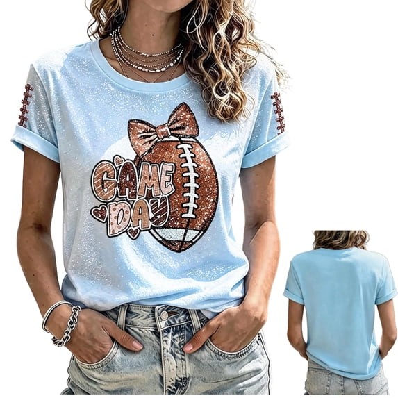 LNZGNM Womens Game Day Football T-Shirts Round Neck Short Sleeve Sequin T Shirts Comfy Y2k T Shirts for Office Commute,Light Blue (XXL)