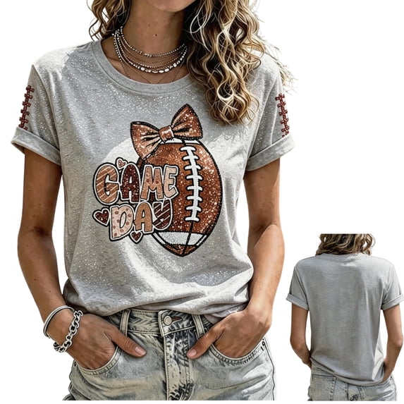 LNZGNM Womens Game Day Shirts Round Neck Short Sleeve Sequin T Shirts Rugby Print Soft Fashion Blouse for Sports,Gray (XXL)