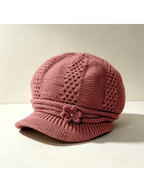 Womens Knit Fleece Newsboy Cap Flower Applique Fall Winter Cozy Stretchy Comfortable for Travel Sweet Choice