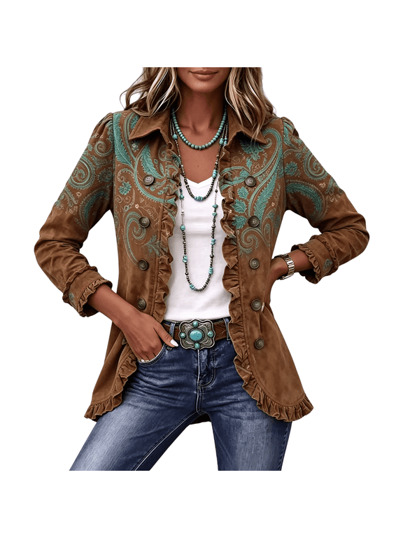 Womens Paisley Embroidered Jacket Vintage Print Ruffle Jacket with Rich Embroidery Year Round Weekend Outings Relaxed Top, (S)