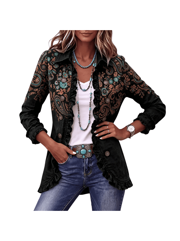 Womens Paisley Embroidery Jacket with Ruffle Details Ethnic Pattern with Ruffles Classic Year Round Weekend Outings Coat, (XXL)