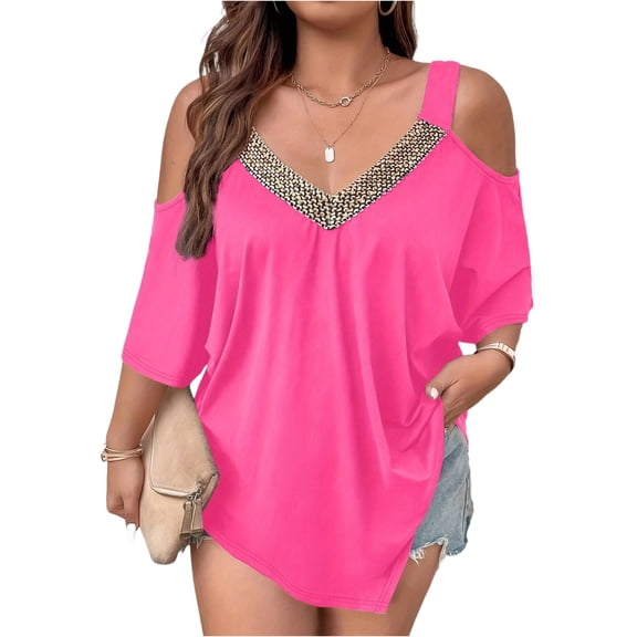 LNZGNM| Womens Plus Size Cold Shoulder Tops Glitter Summer Short Sleeve T Shirts Loose Fit V-Neck Tunic Shirts Stylish Travel Blouses,Pink 6XL