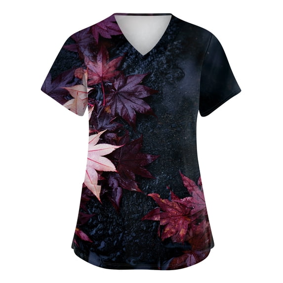 LNZGNM Womens Scrub Top V Neck Pocket Leaf Print Short Sleeve Loose Fit Comfortable with Pockets and Stretch Healthcare Daily Shift,Navy(XXXXL)