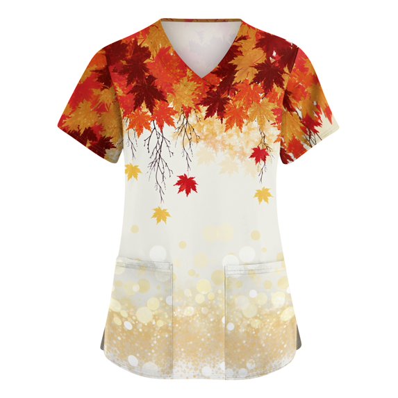 LNZGNM Womens Scrub Top V Neck Pocket Leaf Print Short Sleeve Loose Fit Comfortable with Pockets and Stretch Healthcare Daily Shift,Saffron(S)