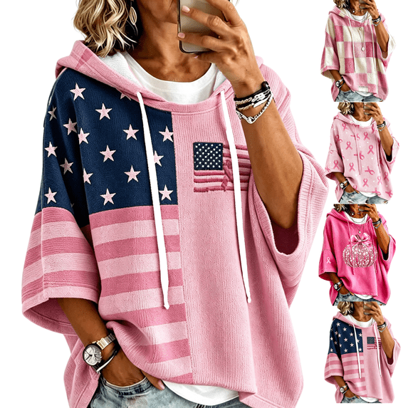 LNZGNM Womens Sweatshirt Long Sleeve Hooded School Teacher Outfits Striped Comfy Clothes for Ribbon Breast Cancer Awareness,(XXXXL)