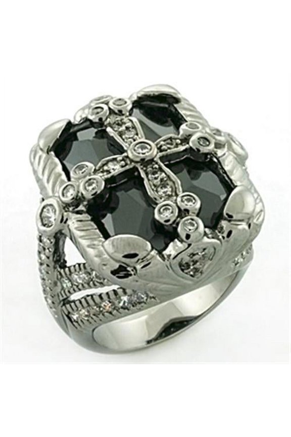 LOA708 - Rhodium + Ruthenium Brass Ring with AAA Grade CZ in Jet