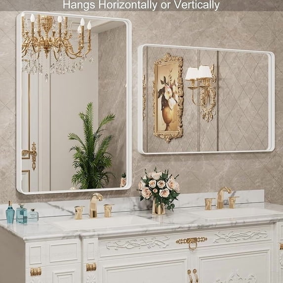 20”X30” Gold Bathroom Mirror, Rounded Rectangle Gold Frame Mirror, Brushed Gold Bathroom Vanity Mirror Wall-Mounted, Anti-Rust, Hangs Horizontally or Vertically