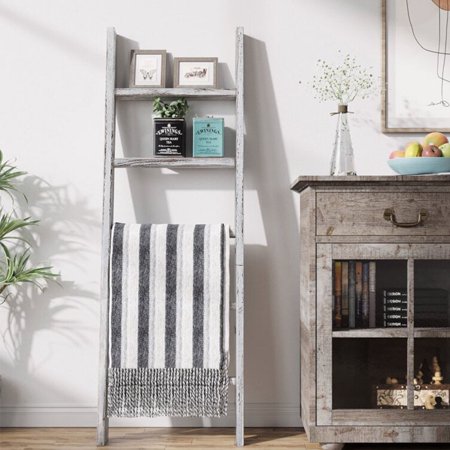 LOAOL 54'' Tall Wood Blanket Ladder, Blanket Quilt Storage Ladder Towel Rack,Gray Finish
