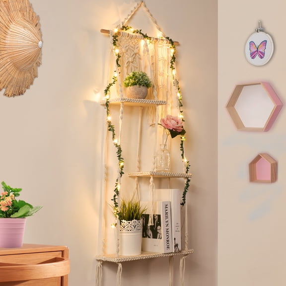 LOAOL Handmade Macrame Wall Hanging Shelf Tier 3 Boho Woven Tassel & Wooden Shelf Wall Decor Plant Rack Shelf