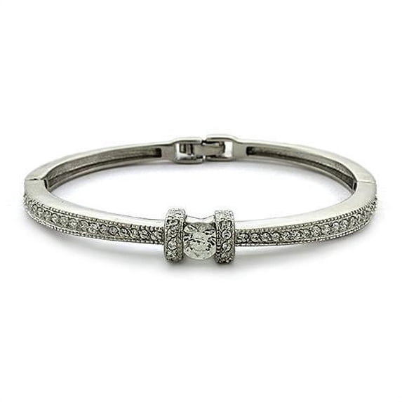 Rhodium 925 Sterling Silver Bangle with AAA Grade CZ in Clear for Women Clear Stone Color Style LOAS1329 Size 6.5