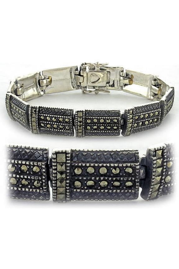 LOAS965 - Antique Tone 925 Sterling Silver Bracelet with Semi-Precious Marcasite in Jet