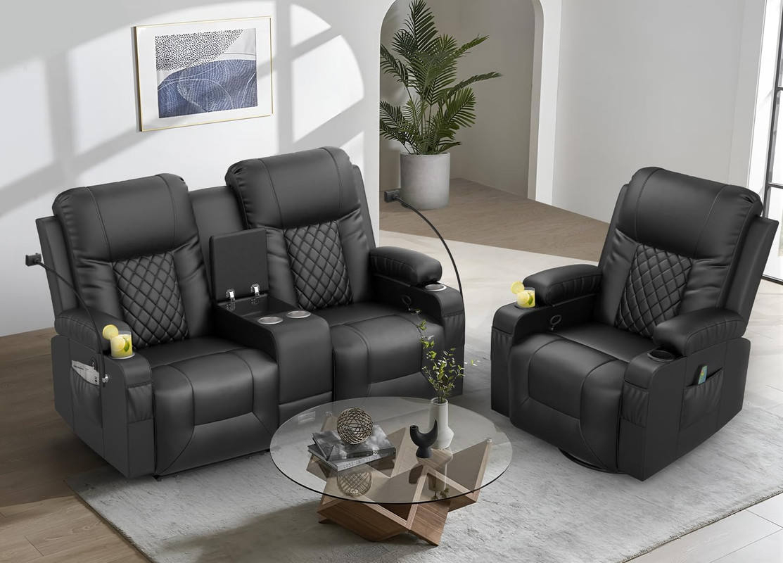 LOBERFVE Living Room Furniture Set, Loveseat Recliner 2 Seater and 360° Swivel Recliner Chair with Massage, Luxury Reclining Sofa 2PC Set for Living Room