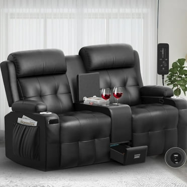 LOBERFVE Loveseat, 2 Seater Manual Recliner with Cup Holders, USB and Type-C Port, Faux Leather Recliner Chair with Massage Function for Living Room Furniture, Black